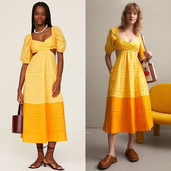 STAUD Colorblock Puff Short Sleeve Ruched Front Cutout Side Tiered Midi Dress XS - Picture 1 of 16